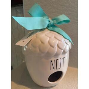 Rae Dunn Birdhouse Nest Acorn White Turquoise Ribbon 8" Tall - NWT